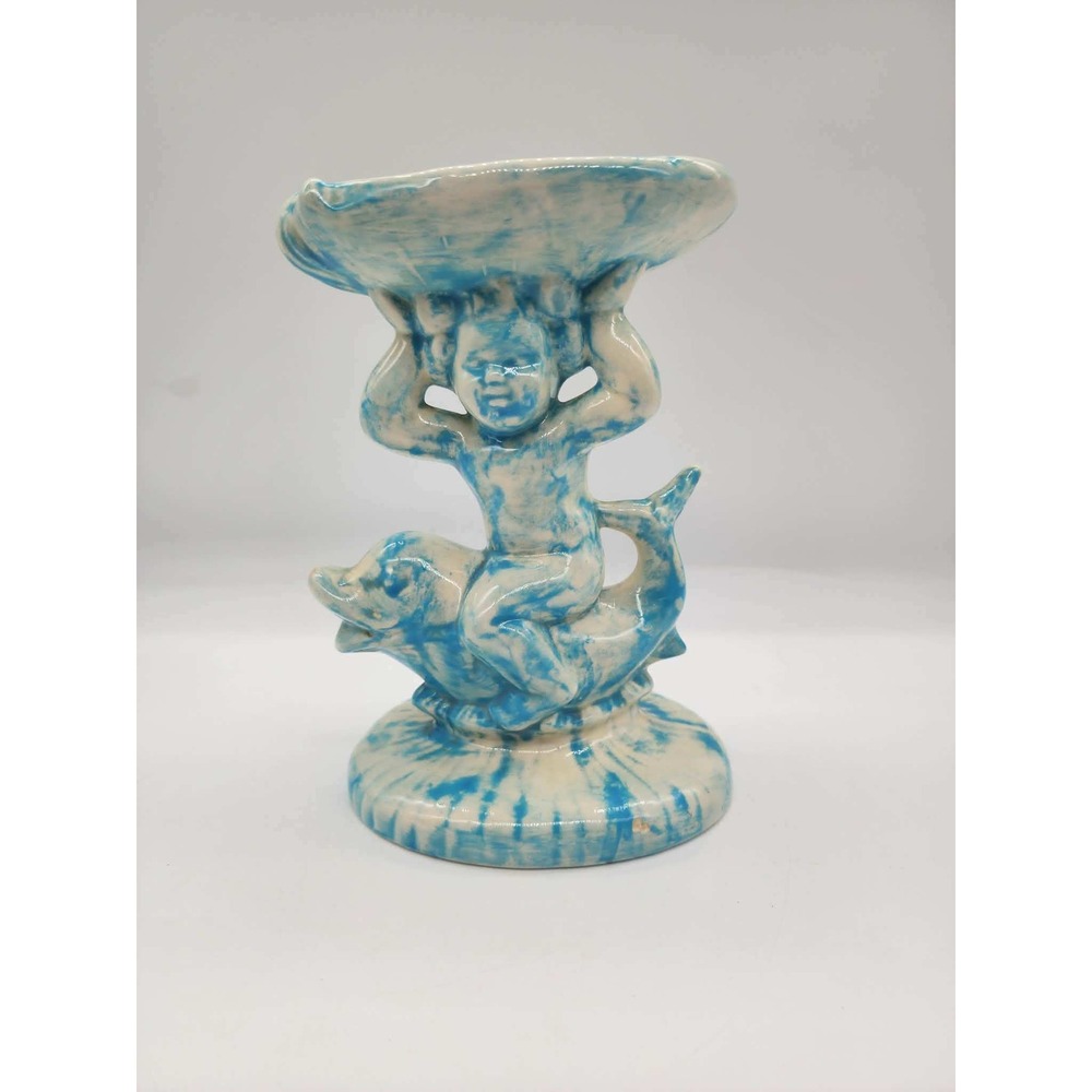 Vintage Blue White Ceramic Cherub Riding Dolphin Shell Soap Dish Trinket Bowl